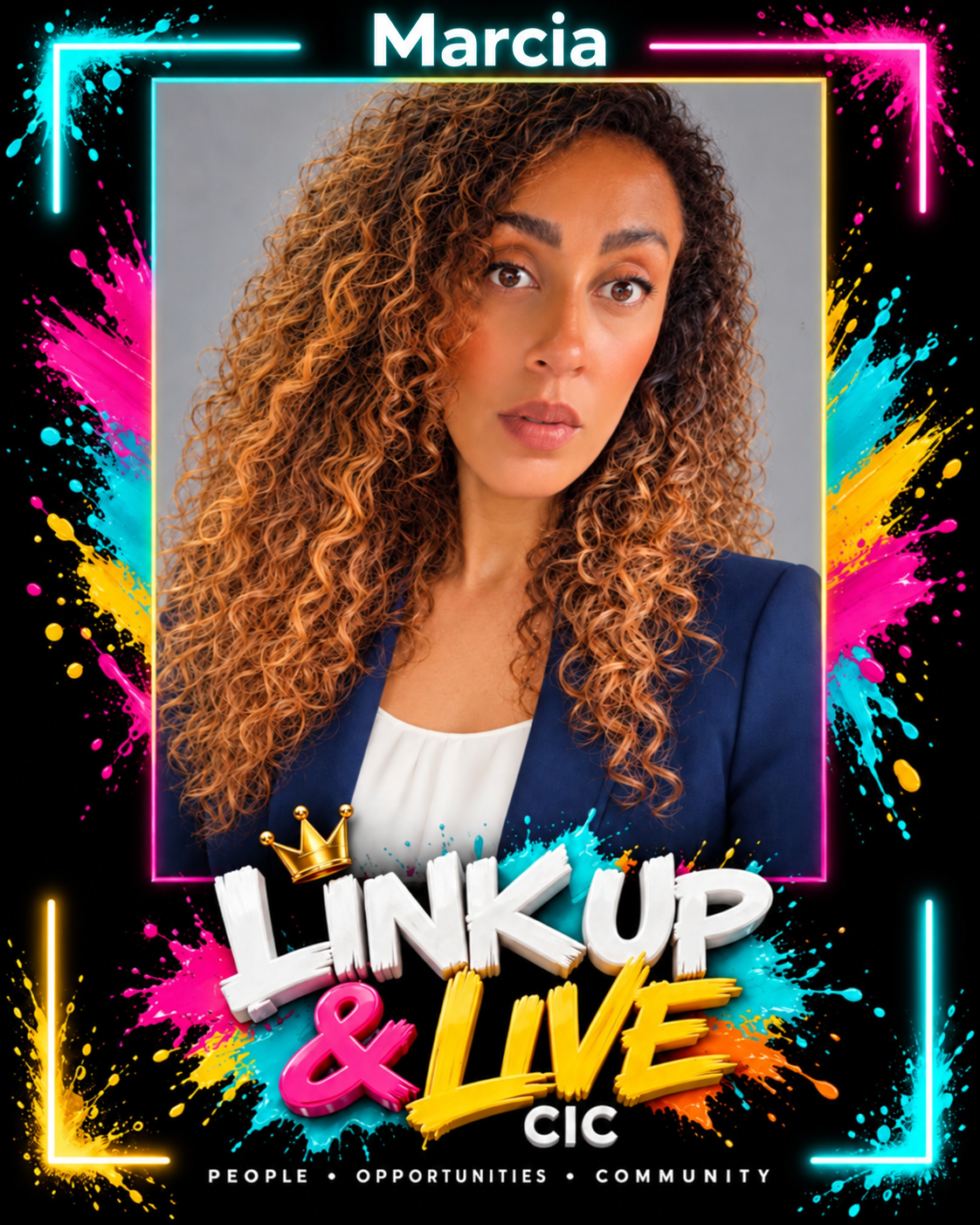 Marcia, Founder and Director, in the Link Up & Live frame